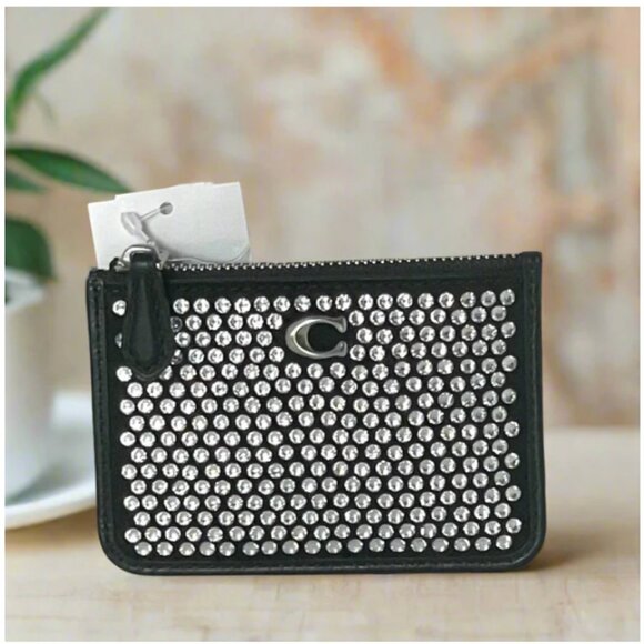 Coach Essential Mini ID Card Case Wallet Keychain Crystal Black Leather CX249 - Picture 9 of 9